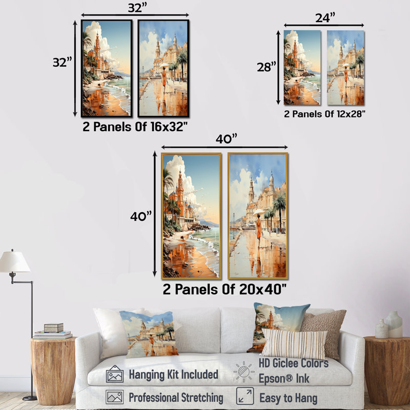 City of Nice Nostalgia - Beach & Ocean, ensemble de 2 reproductions d'art sur toile, H 40 po x l 41 po, Encadrement brun