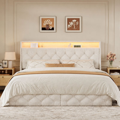 Queen Size Teddy Boucle Upholstered Platform Bed with 2 Drawers, Tufted Wingback Headboard & LED Lighting