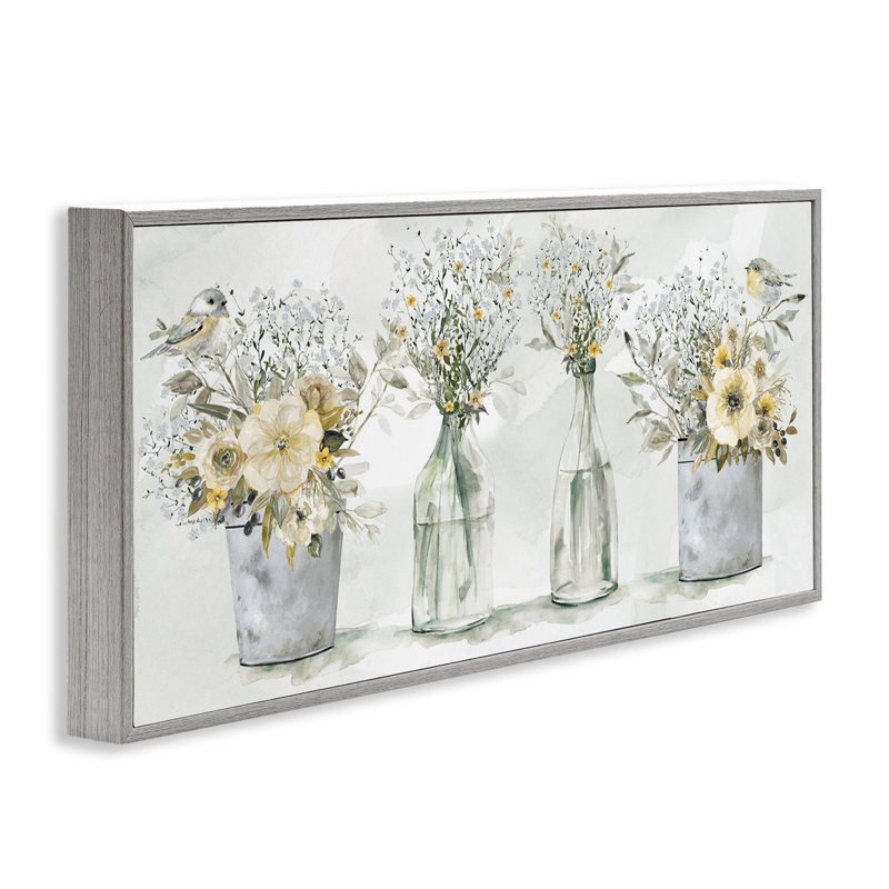 «Farmhouse Floral Bouquets Song Birds Rustic Vases», H 10 po x l 24 po x P 1,5 po, gris
