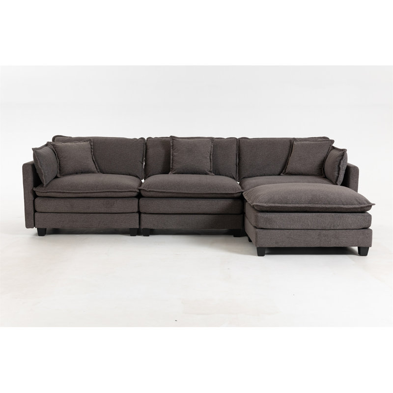 Modern 3Seats With Ottoman 114.17"Sectional Sofa With Waist Pillows, Antique Gray Chenille