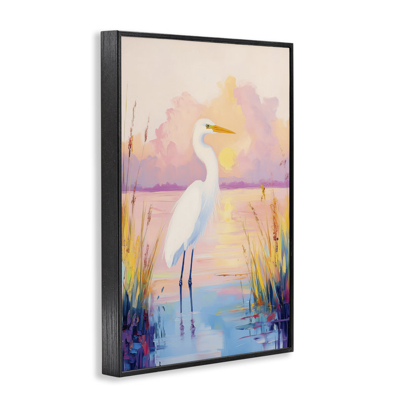 «Egret under Beaming Sunset», estampe numérique, design par Arlington Prints, H 18 po x l 12 po, Giclée encadrée noir minuit