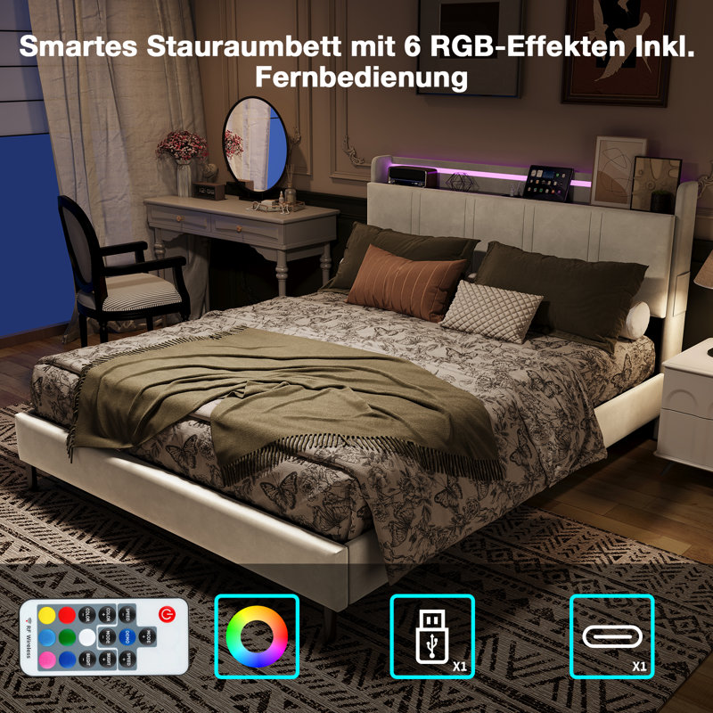 Upholstered Bed Frame with Charging Station & Headboard Storage, Hydraulic Lift-Up Base, EuropeanKingsize (160 x 200 cm)