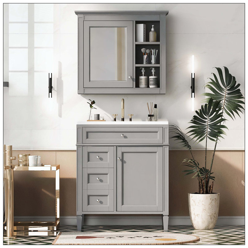 Miroir de salle de bain 2 tiroirs Modern, Gris