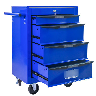4, coffre à outils multifonctionnel, boîte en métal, glissières à roulement, serrure à clé, armoire à 4 coffres en acier 20 po, finition noire et bleue, tiroir 4 roues universelles 2 verrouillables, poignée à tirer pour plus de commodité