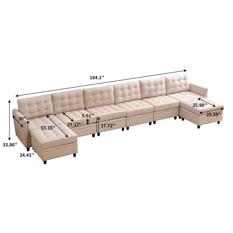 Balus Modular Sofa Bed Set, Button Tufted Reversible Modular Couch With 2 Storage Ottomans, 8 Seater Oversized U Shape Sleeper Sectional Couch Modular Sofa Couch For Living Room