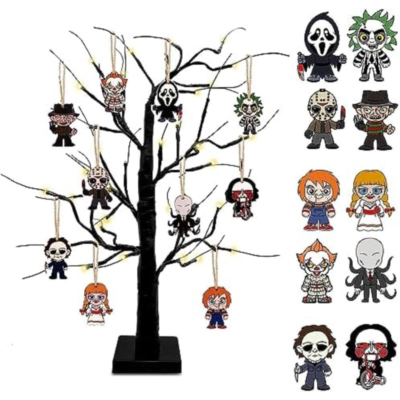 Ornements d'arbre de films d'horreur - paquet de 10 mini décorations d'arbre d'Halloween suspendues en bois