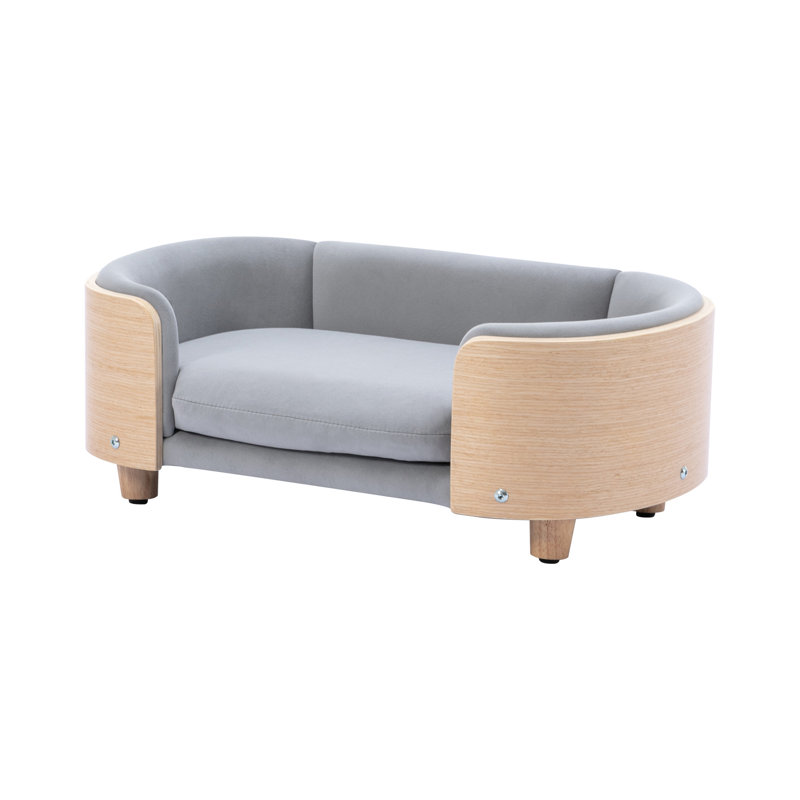 Lit pour chien de petite taille en esthétique scandinave, avec structure en chêne massif, dossier en bois cintré, coussin en velours respirant, mousse rebondie, - égratignure, imperméable et teinté, assemblage facile, lavable pour animaux de compagnie de conception grise