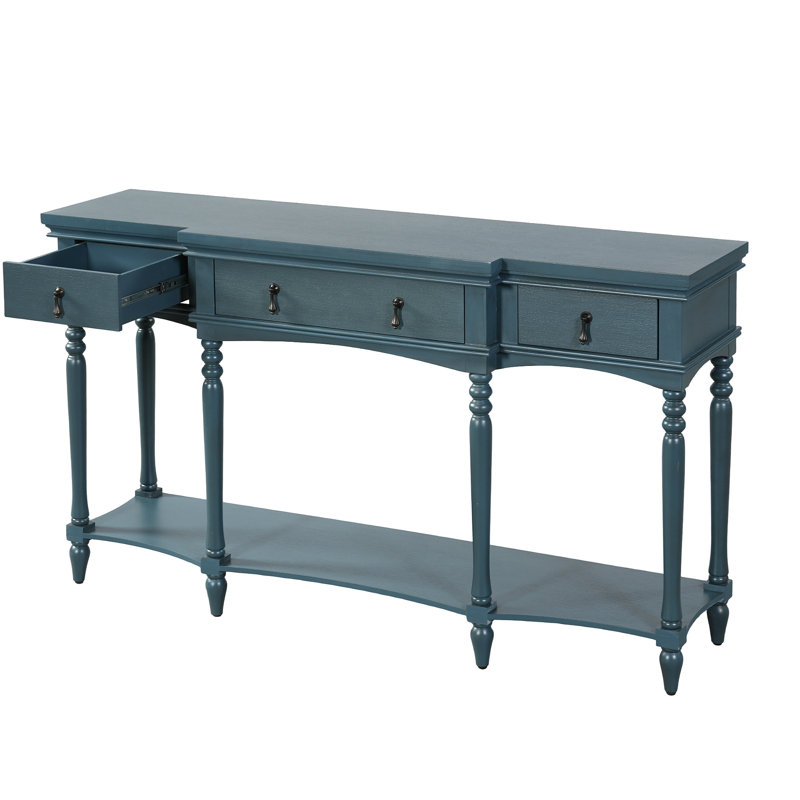 Console Traditional Traditional avec 3 tiroirs à fermeture en douceur et tablette inférieure, structure en bois massif, pieds romains tournés, poignées en cuivre rétro, bleu
