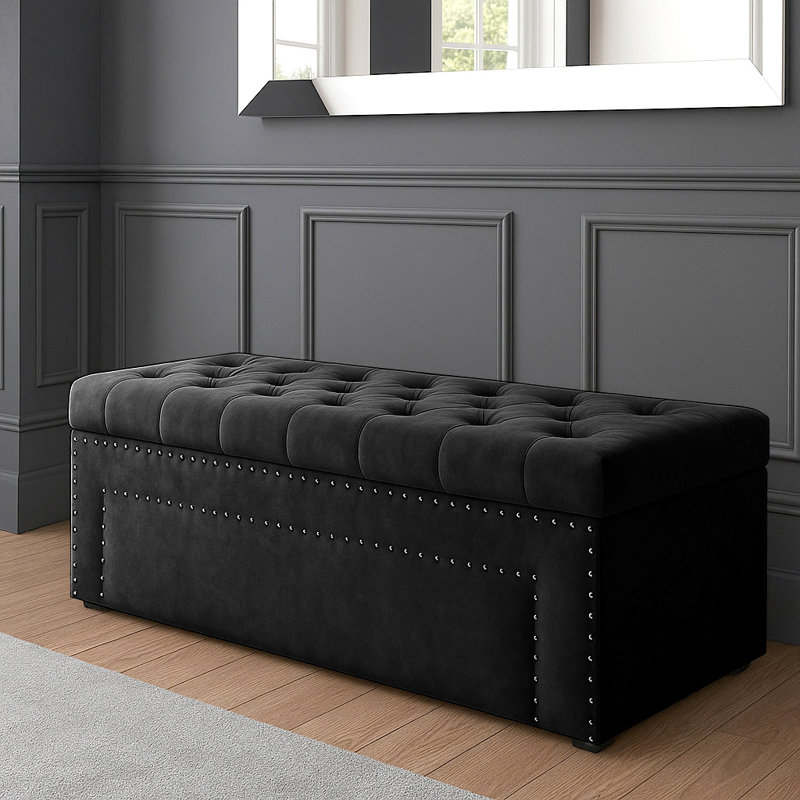 Duke Ottoman Storage Box - Chesterfield Upholstered Blanket Box - Plush Velvet Ottoman Bench with Storage, Black
