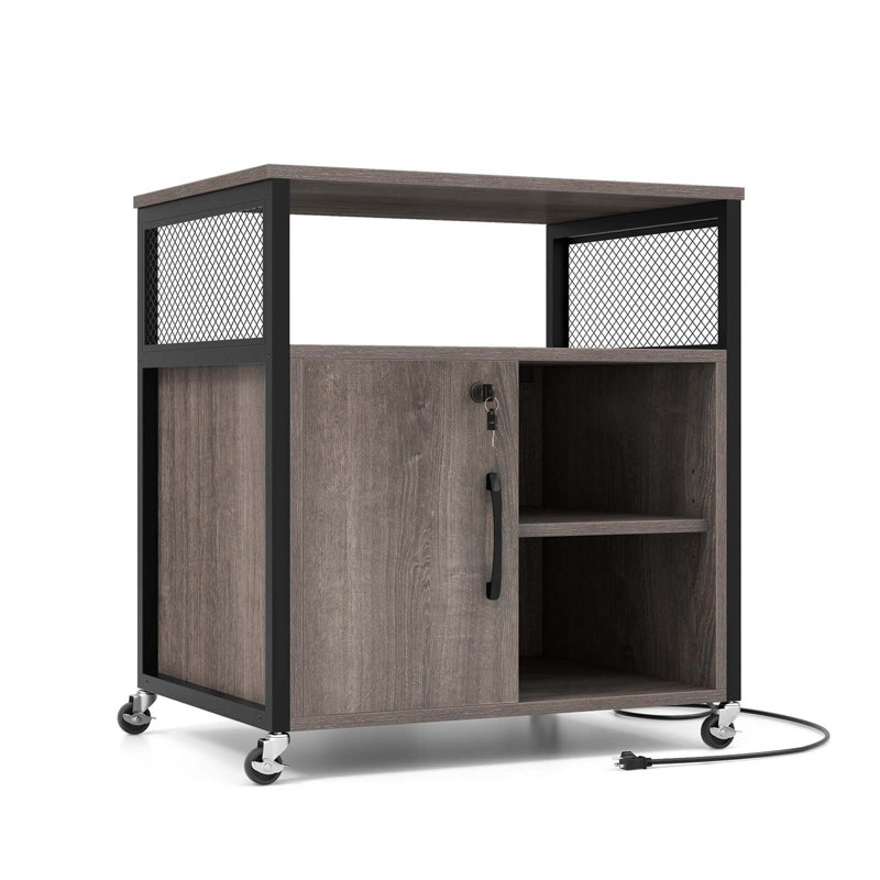 17 Stories File Cabinet On Wheels With Charging Station & Cable Management Hole Shelves, Gray/Black