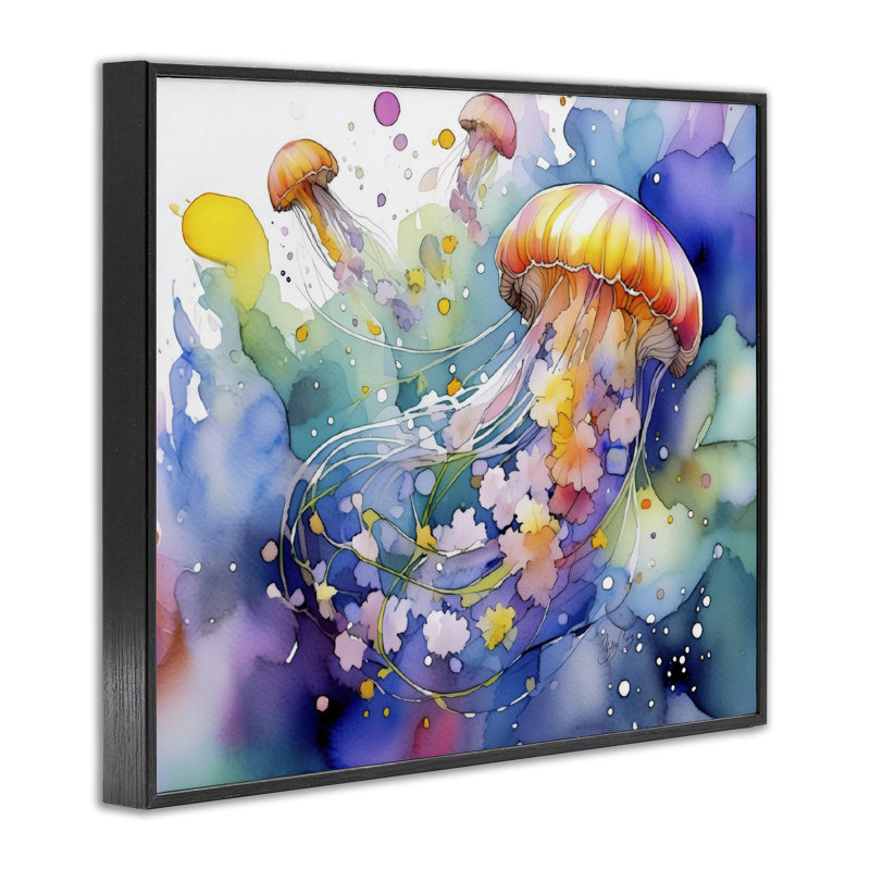 Estampe numérique méduse néon sous-marine, design par Shelly Craig, Giclée noire de minuit encadrée, H 24 po x l 30 po