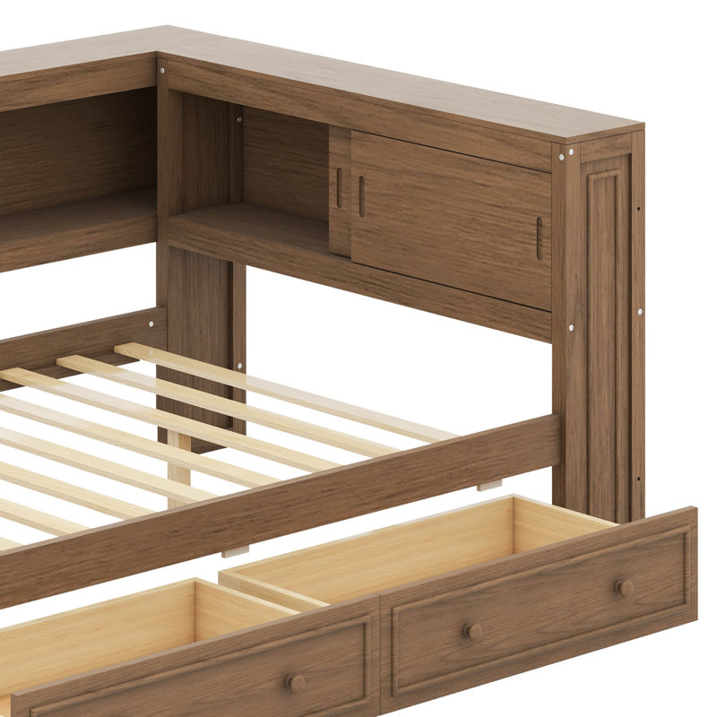 Structure de lit d'angle double en bois avec tablettes de rangement et portes coulissantes, structure de lit d'angle double avec 2 tiroirs, lumières DEL