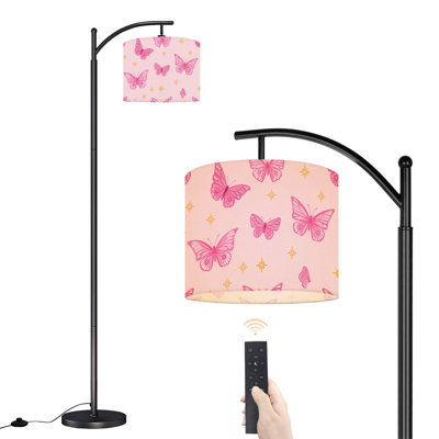 Arc Floor Lamp Pink seamless cartoon flat style cute pink butterfly tiny stars soft Floor Lamps with Remote LED Lights Adjustable Lamp Shades Tall Standing Lamps for Reading Office Living Room