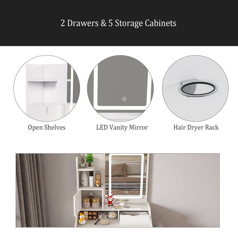 Miroir de coiffeuse 3 couleurs à DEL avec tabouret, coiffeuse pour la chambre à coucher, 2 tiroirs et 5 armoires de rangement (4 ouvertes + 1 cachée), éclairage réglable