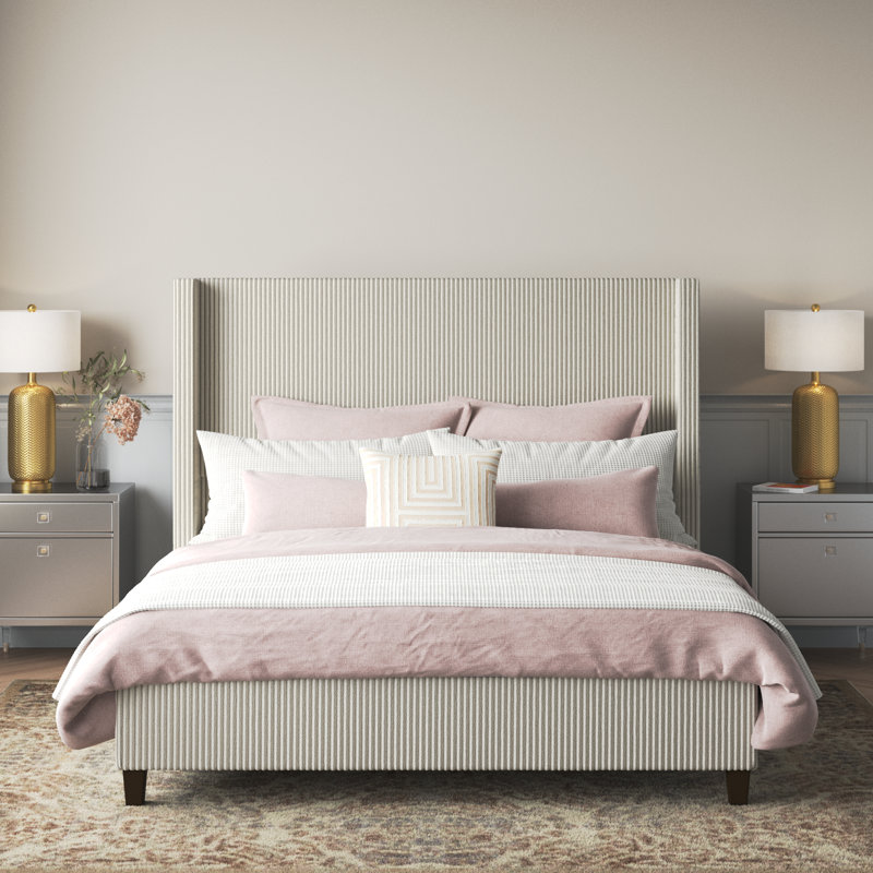 Cream Corduroy Upholstered King Bed with Wingback Headboard