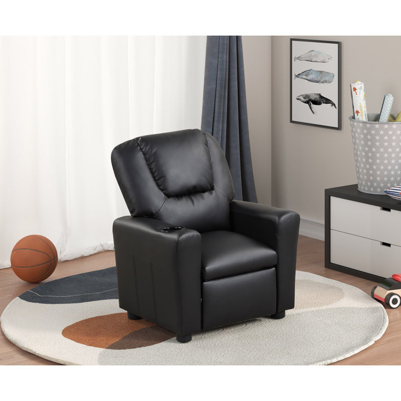 Marisa 23" PU Leather Kids Recliner Chair With Cupholder, Black