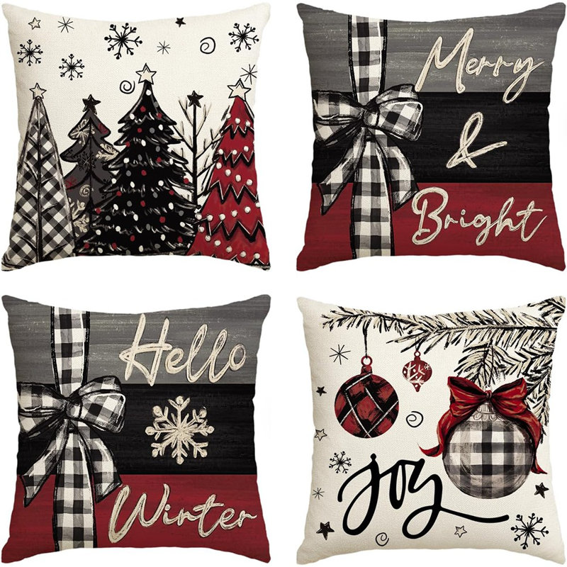 Merry Christmas Joy, arbres de Noël, housses de coussins décoratifs rouges, 18 x 18 pouces, housse de coussin pour les fêtes d'hiver, ensemble de 4 canapés