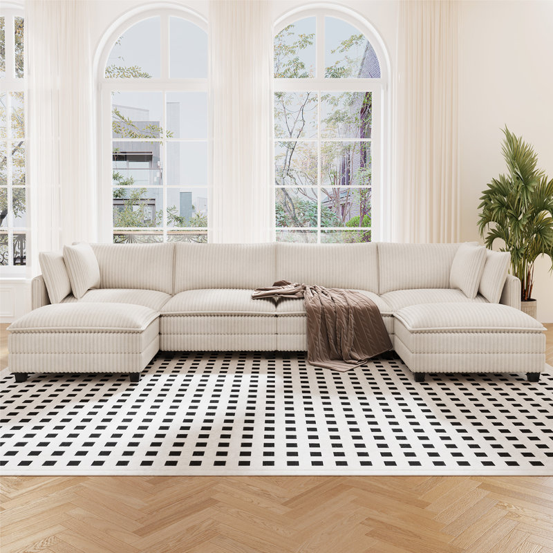 Canapé modulaire en forme de U de 143 po avec 2 repose-pieds, Velours côtelé beige