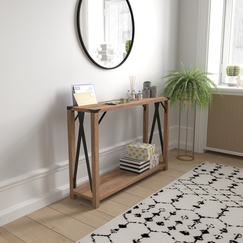 Tennley 2-Tier Console Table with Metal Side Braces and Corner Caps, Rustic Oak
