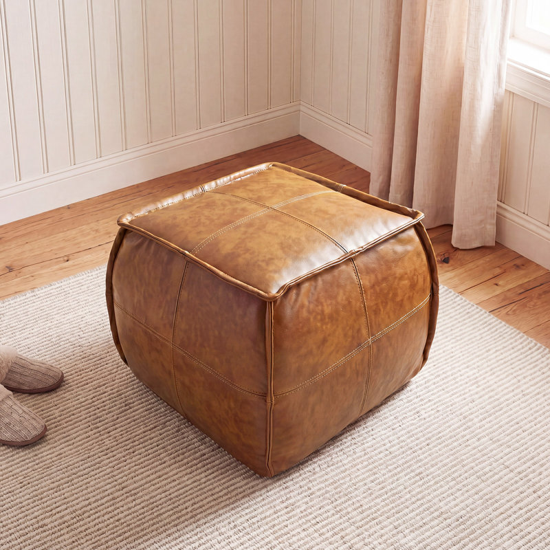 Elliona Square Top-Grain Leather Ottoman, Brown
