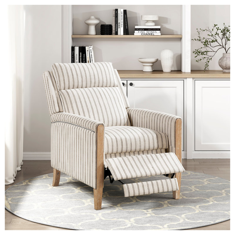 Fauteuil inclinable classique de style campagnard, en bois massif, pour salon, 1 pièce, revêtement en tissu à rayures blanches et grises