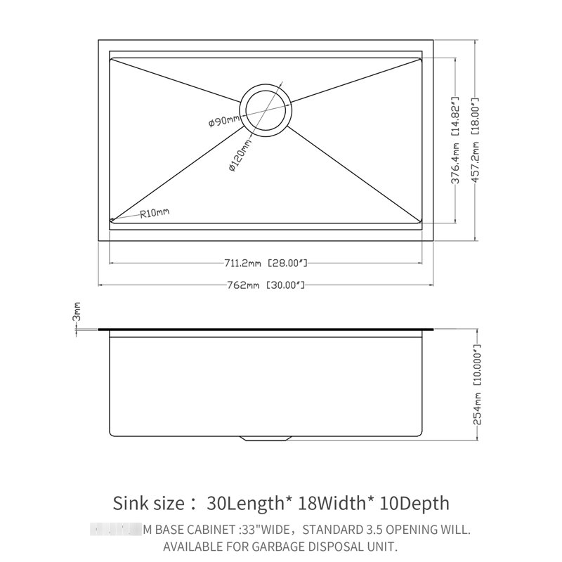 Évier de cuisine encastrable 30 po x 18 po x 10 po en acier inoxydable noir de calibre 16 T304, avec conception à drain rapide