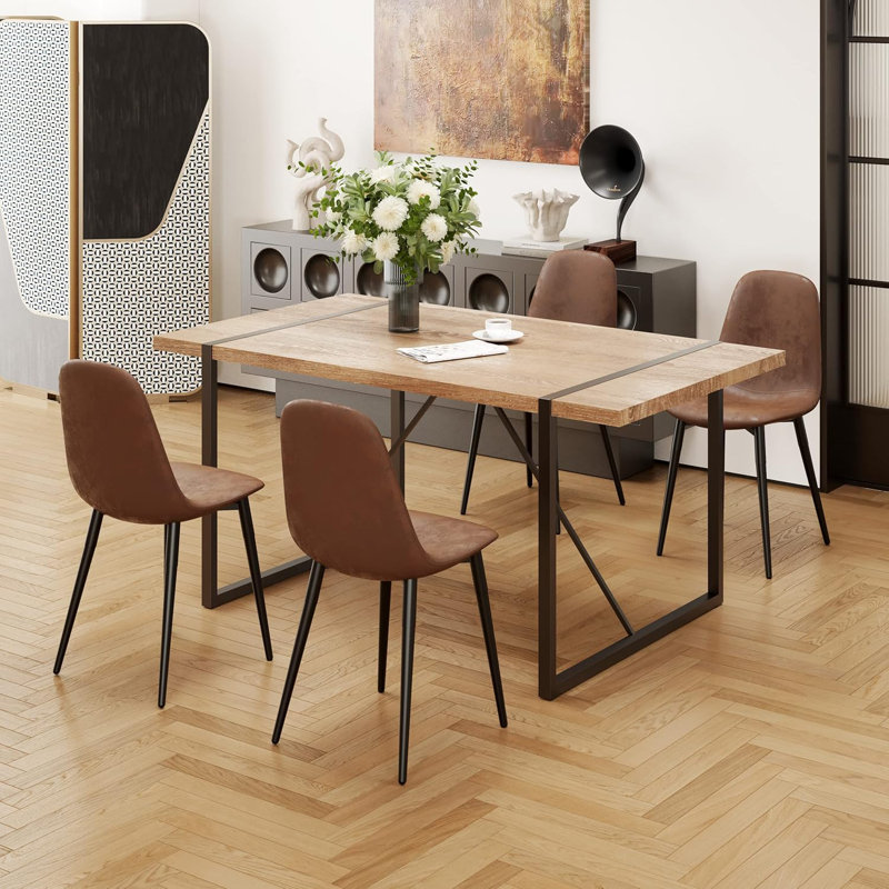 Modern 55'' Light Brown Wood Dining Table Set with Brown Fabric Chairs