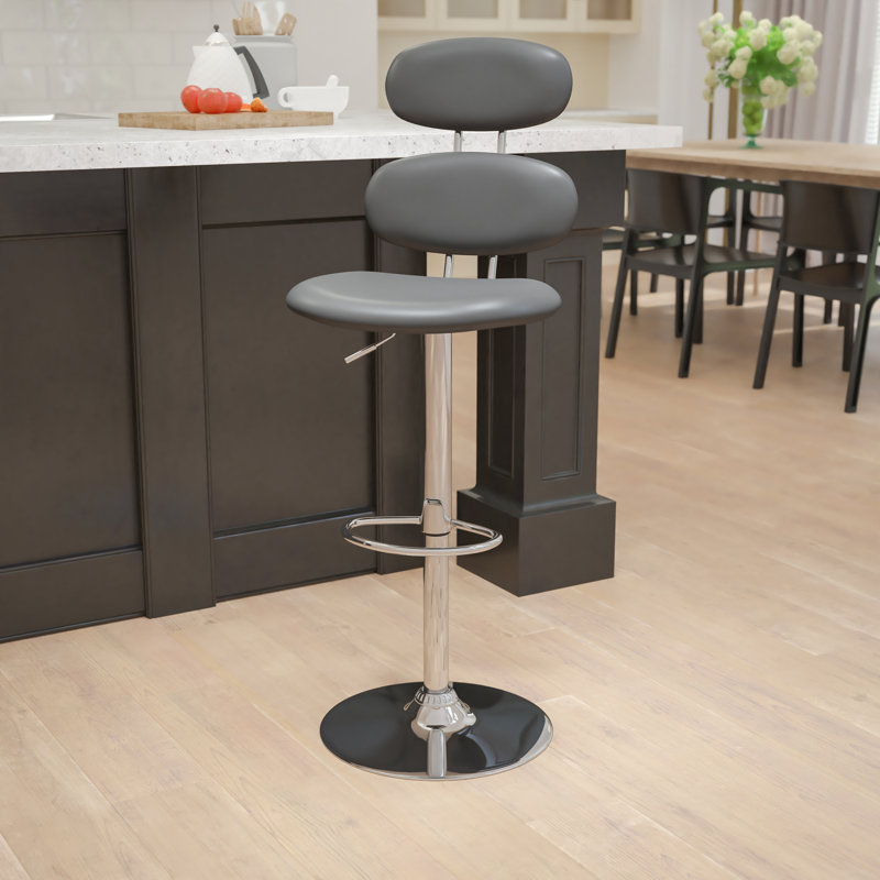 Norberg Contemporary Vinyl Adjustable Height Barstool with Ellipse Back and Chrome Base, Gray