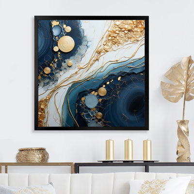 Or doré et bleu, art liquide abstrait I - encre liquide, art mural abstrait