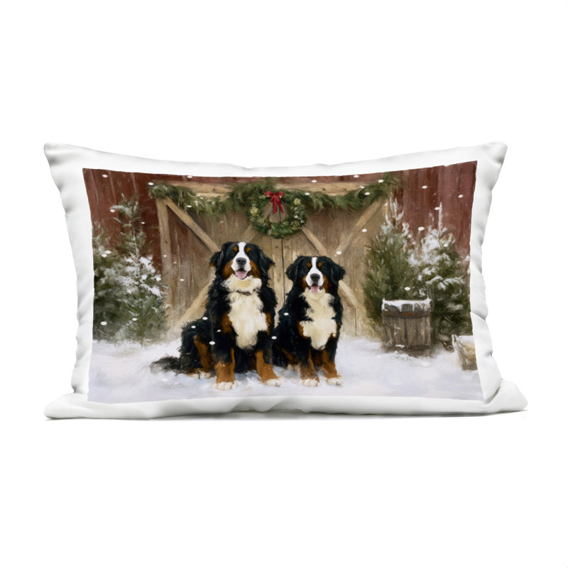 Coussin d'extérieur Barnyard Bernese Mountain Dogs, par Tina LeCour, 14 x 7 x 20