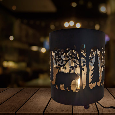 Metal Rustic Bear And Tree Night Light – Canister Table Lamp With Forest Silhouette For Cabin, Lodge, And Woodland Decor – Small Rustic Accent Light For Home