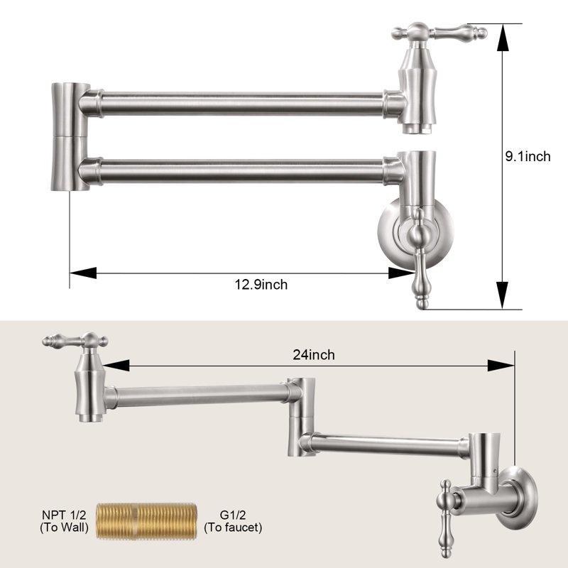 Brushed Nickel Wall Mounted Double Handle Pot Filler Faucet