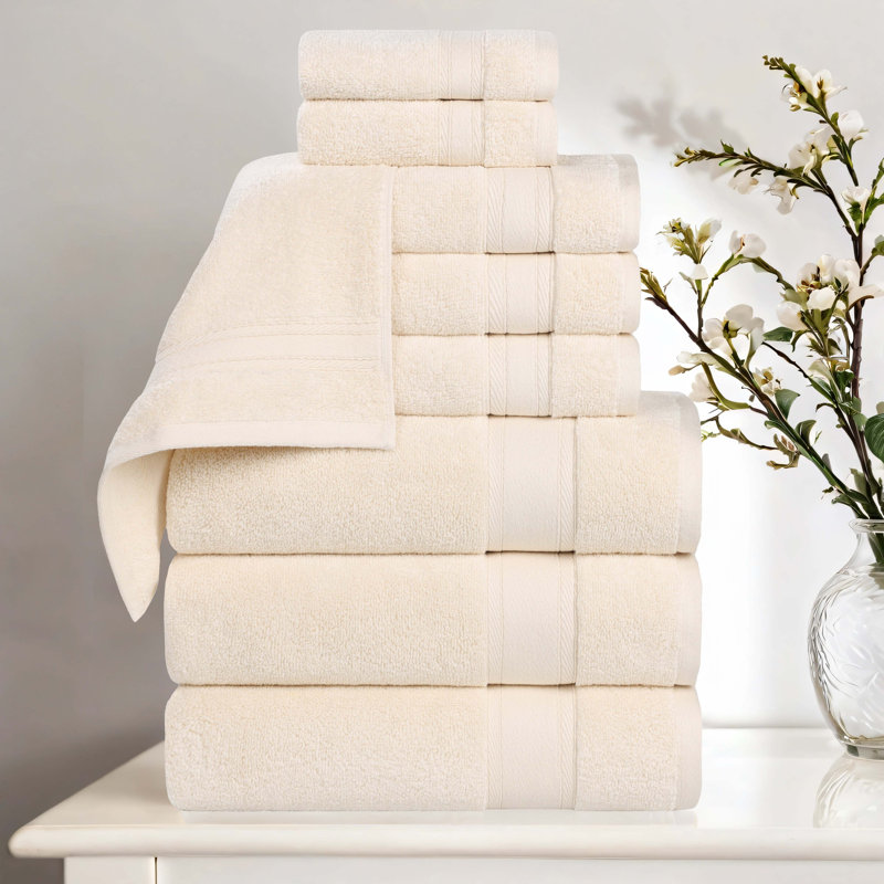 Belmont Zero Twist Cotton Medium Weight Soft Absorbent, Ivory, 9 Piece Towel Set
