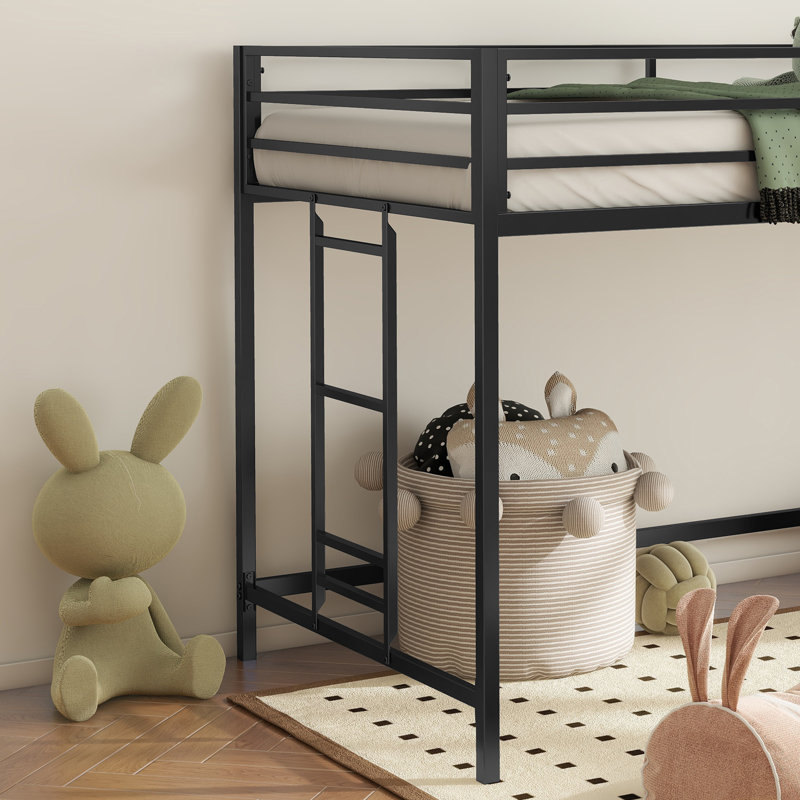 Sturdy Junior Twin Loft Bed With Ladder And Guardrails, Space-Saving Metal Bed Frame For Kids Bedroom, Black