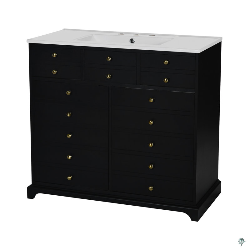 Ensemble de meuble-lavabo 36 po avec lavabo en céramique, armoire de rangement en bois massif, ensemble de meuble-lavabo autoportant avec 2 tiroirs et portes à fermeture douce