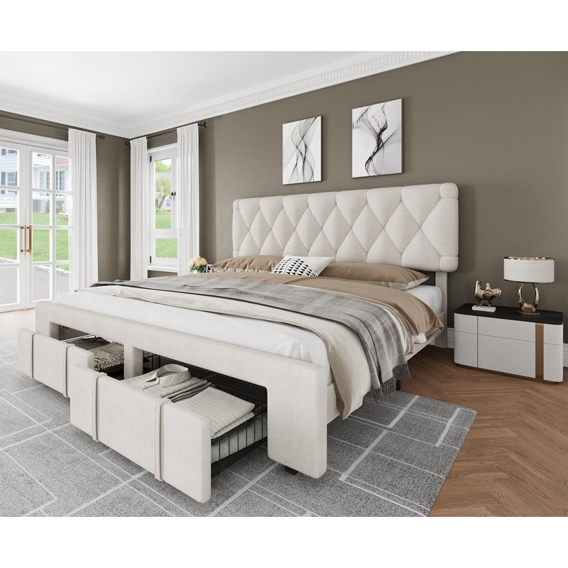 Lit plateforme très grand avec tête de lit capitonnée, tiroirs de rangement, velours beige, Très grand lit