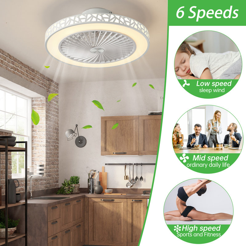 Mordern Bladeless Ceiling Fans with Lights, 6 Speeds  LED Ceiling Fan Lights for Bedroom, White