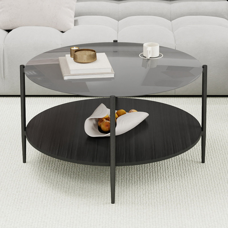 Table basse moderne Mid-Century avec plateau en verre + tablette de rangement en bois, structure en métal noir, conception ronde, peu encombrante, 32,28 pouces, table basse moderne transparente avec plateau en verre
