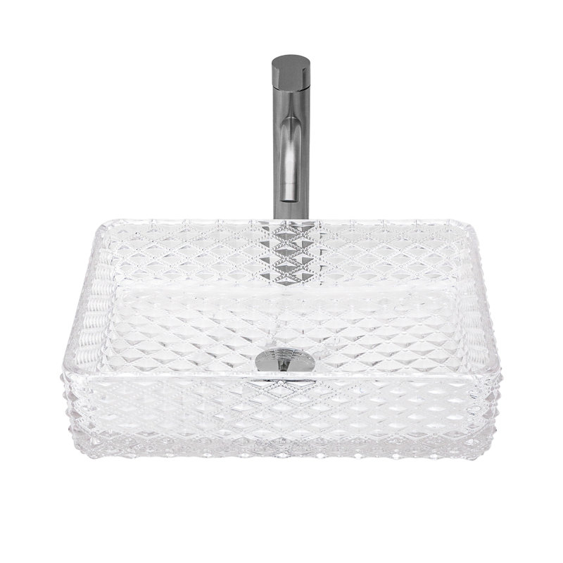 Lavabo de salle de bain rectangulaire en verre trempé rectangulaire au-dessus du comptoir, texture diamant, bonde escamotable, bonne étanchéité, vasque en verre de 17,5 pouces de profondeur, forme, pour la décoration,