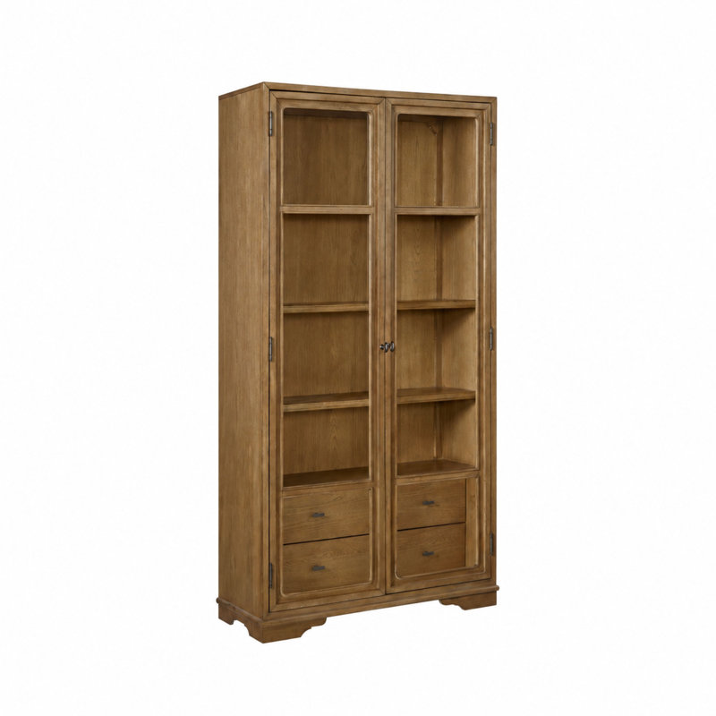 Deemston Tall Display Cabinet with Tempered Glass Doors, Adjustable Shelves & Cedar-Lined Drawer – Almond Finish, Brown