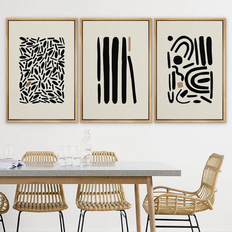 Natural Framed Geometric Abstract Canvas Wall Art Set