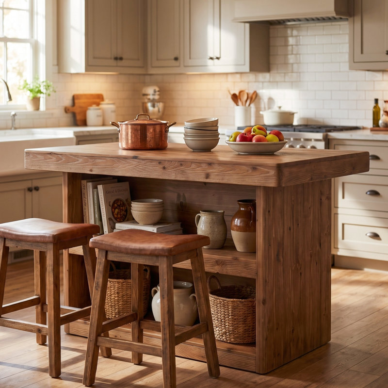 Îlot de cuisine en bois massif 55,12 po avec rangement à 2 niveaux, table de préparation rustique avec espace pour les jambes, comptoir de bar pour la petite cuisine