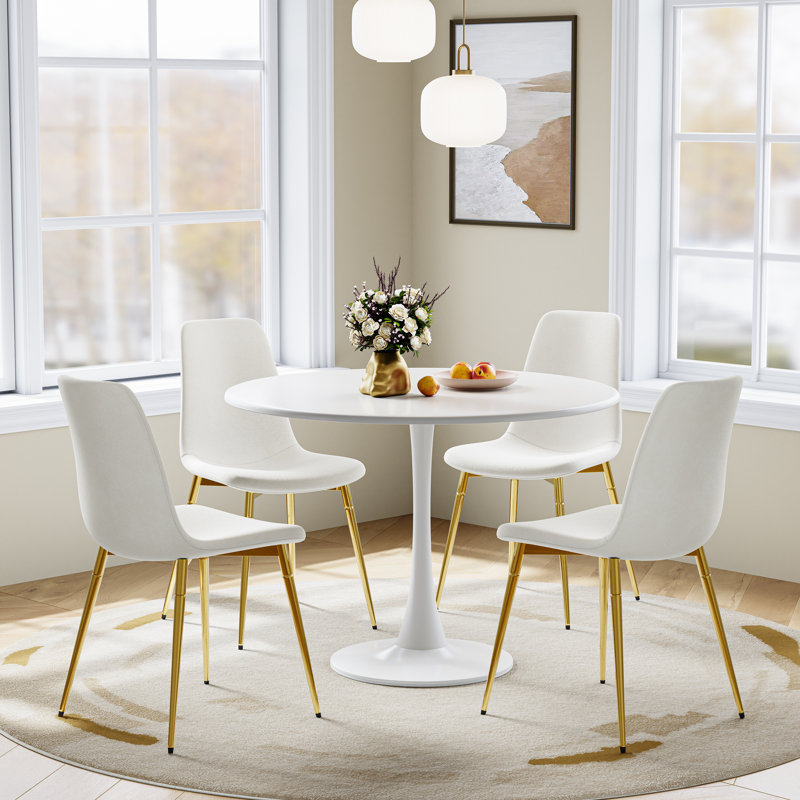 31.5" Round Dining Table Set For 4, Modern Tulip Base All Metal Table With  4 Velvet Upholstered Chairs, White, White/Gold