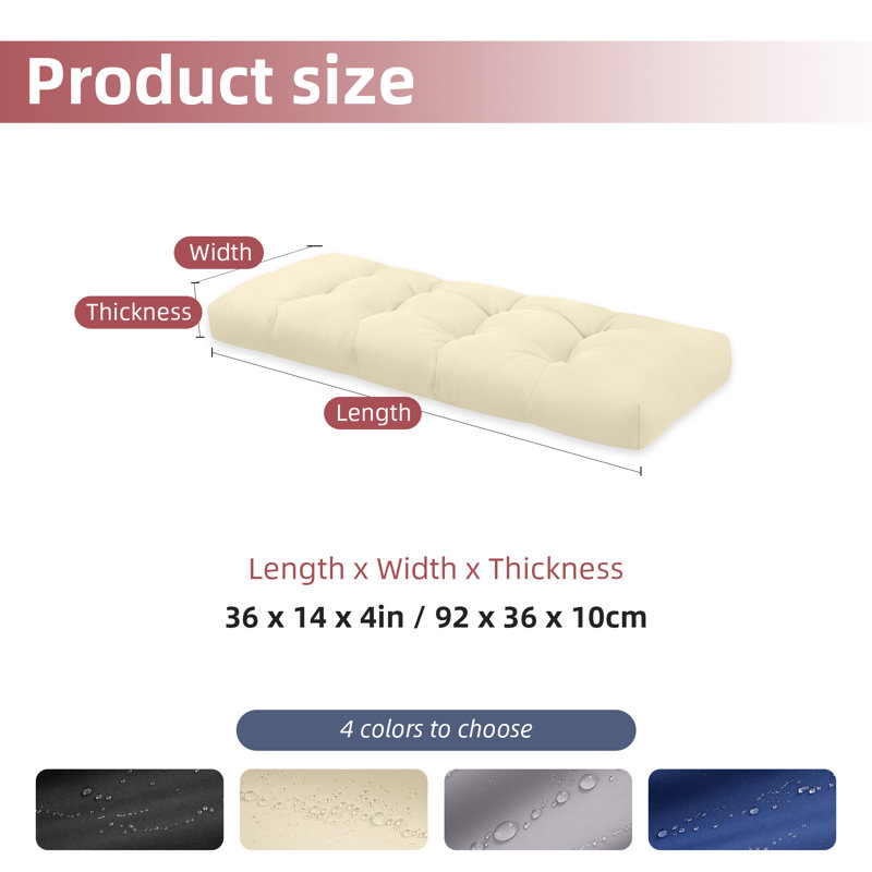 Outdoor Waterproof Patio Bench Cushion - Non-Slip Tufted Furniture Cushion (36 x 14 x 4 In, Beige), 36" W x 14" D, Beige
