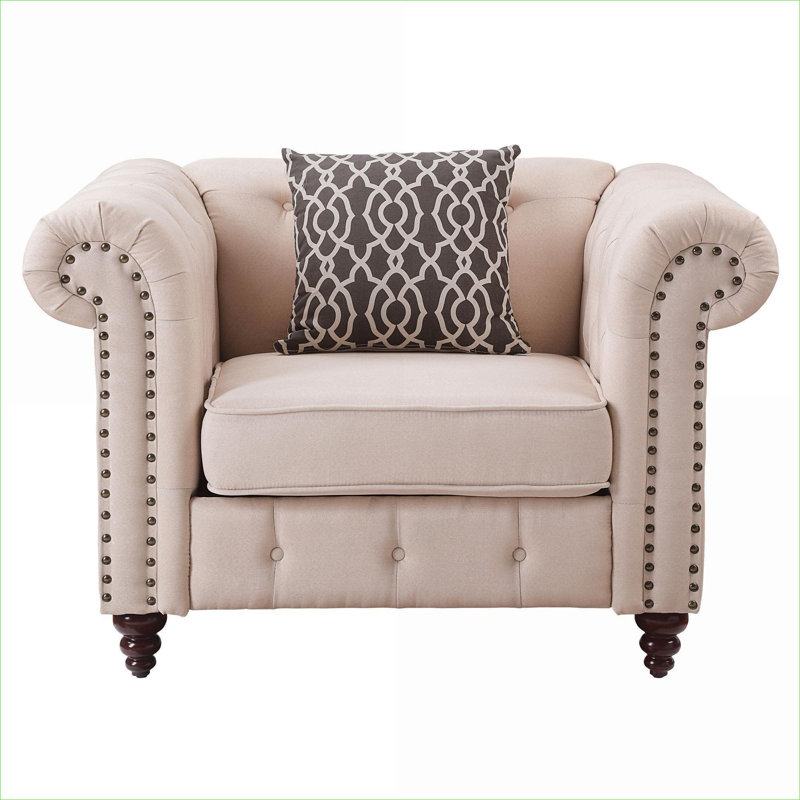 Chaise avec accoudoirs en lin beige, sièges d'appoint pour le salon, lin rembourré avec coussin décoratif inclus