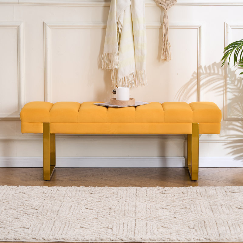 Laytona 46.5"W Tufted Bedroom Bench Entryway Bench with Metal Legs, Mustard, Gold
