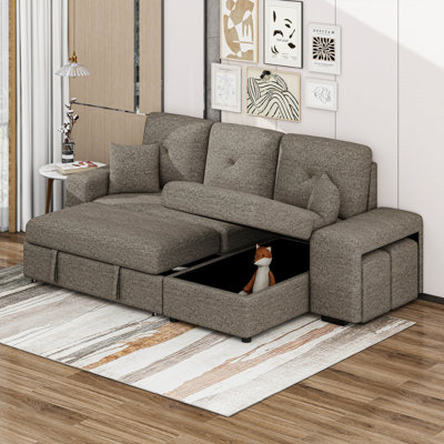 Reversible Sleeper Sectional Sofa Bed With Side Shelf And 2 Stools,Pull-Out L-Shaped Sofa Bed