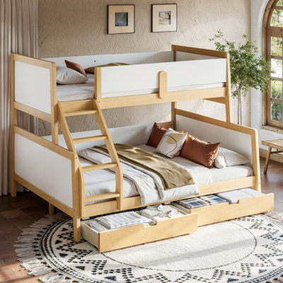 Lit superposé simple au-dessus de grand lit simple avec tiroirs de rangement, lit superposé en bois massif avec lattes de soutien et conception convertible + naturel