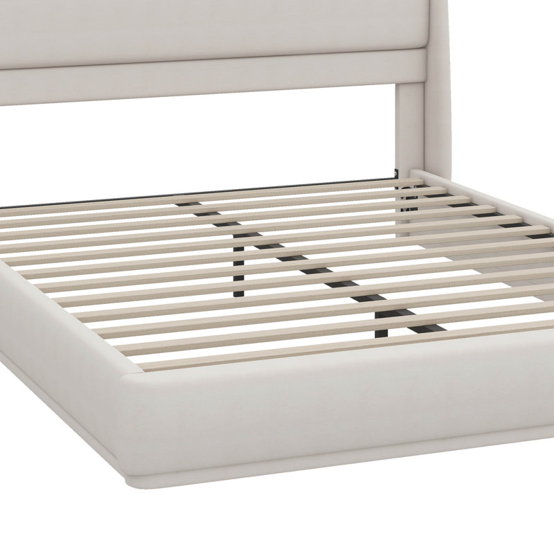 Structure de grand lit avec tête de lit à oreilles et lit plateforme à profil bas, Beige