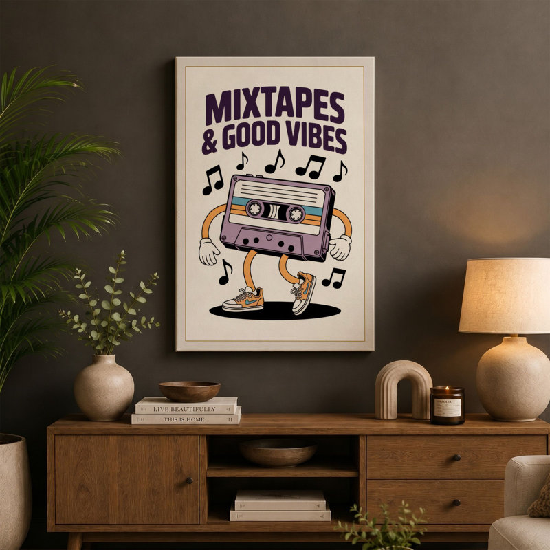 Mixtapes & Good Vibes Typography 1 Piece Wrapped Canvas Wall Art, 24x16 - 61.0 x 40.6 cm, Sage Border